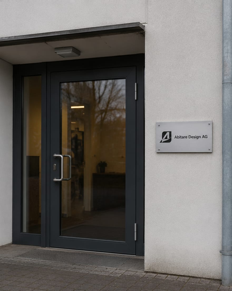 Eingang der Abitare Design AG an der Oberen Paulistrasse 8 in Schindellegi mit Firmenschild